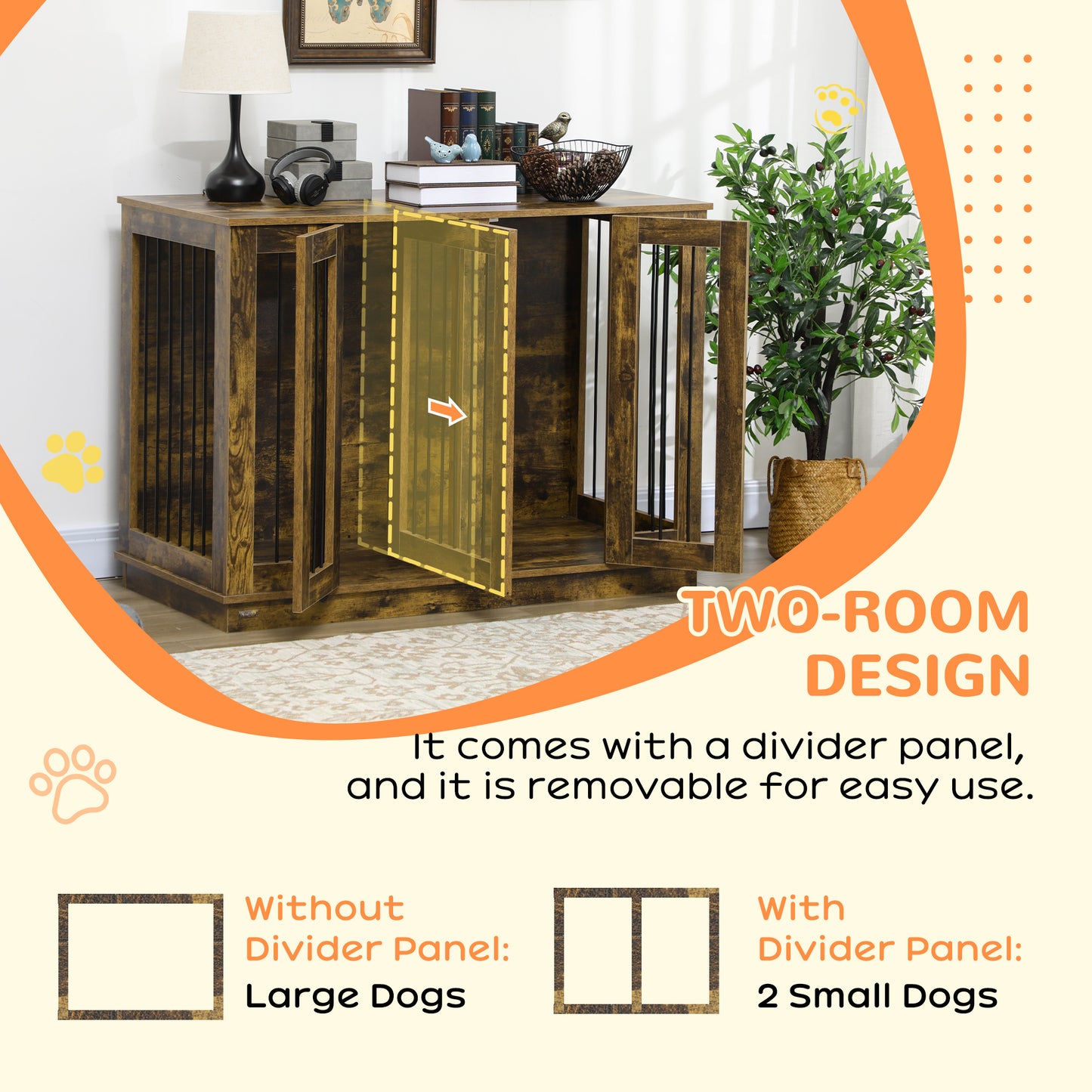 PawHut Furniture Style Dog Crate with Removable Divider, Dog Crate Side End Table Indoor with Double Doors, for Small to Large Dogs, 47" x 23.5" x 35", Rustic Brown