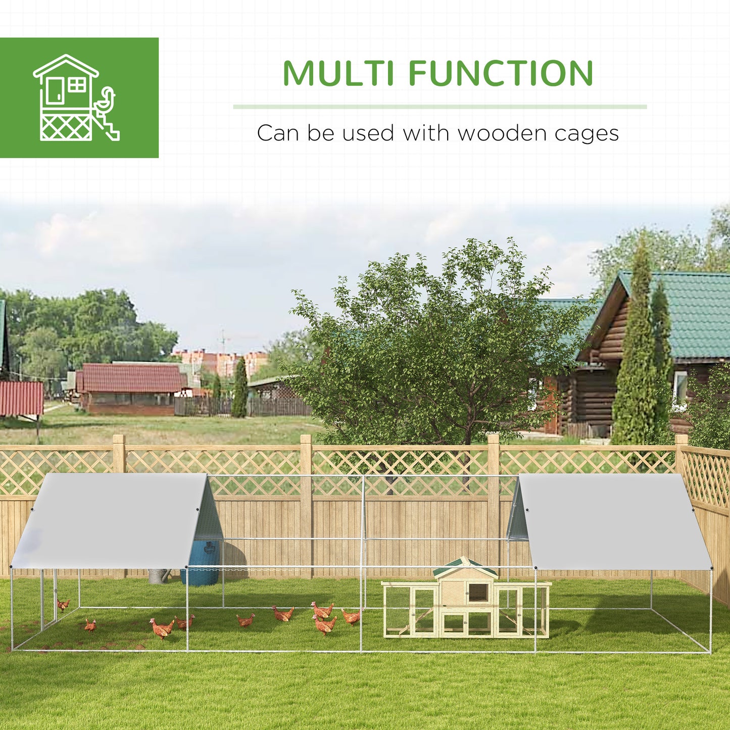 PawHut Large Chicken Coop Metal Chicken Run with Waterproof and Anti-UV Cover, Spire Shaped Walk in Fence Cage Hen House for Outdoor and Yard Farm Use, 1.3" Tube Diameter, 9.8' x 26.2' x 6.4'