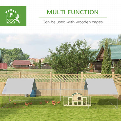 PawHut Large Chicken Coop Metal Chicken Run with Waterproof and Anti-UV Cover, Spire Shaped Walk in Fence Cage Hen House for Outdoor and Yard Farm Use, 1.3" Tube Diameter, 9.8' x 26.2' x 6.4'