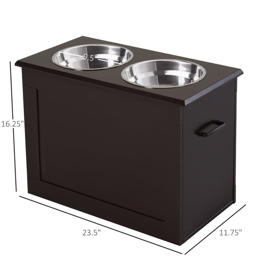PawHut Raised Pet Feeding Storage Station with 2 Stainless Steel Bowls Base for Large Dogs and Other Large Pets, Coffee