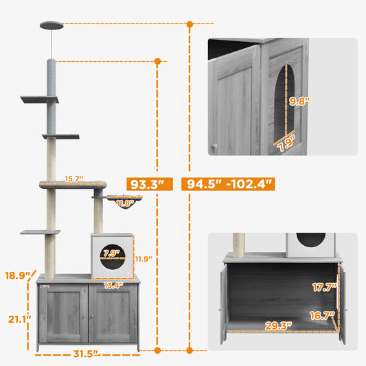 PawHut 2 in 1 Floor to Ceiling Cat Tree with Litter Box Enclosure, Condo, Bed, Hammock, Scratching Posts, and Platforms, Gray