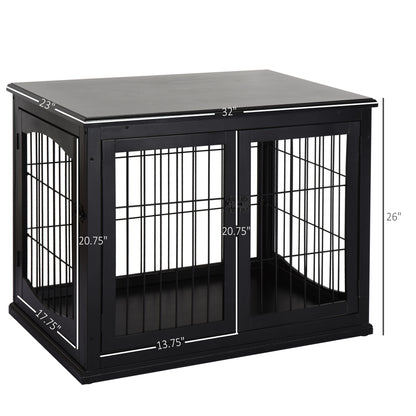 PawHut Dog Crate Furniture, 32" Small Dog Cage End Table with 2 Doors, Lockable Door, Puppy Kennel Indoor, Black