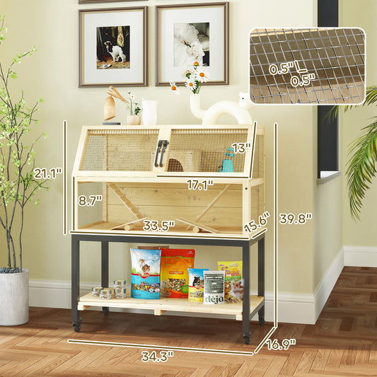 PawHut Hamster Cage on Wheels w/ Storage Shelf, Seesaws, Water Bottle, Hut & Ramps, for Dwarf, Gerbil, Syrian Hamster, Mouse
