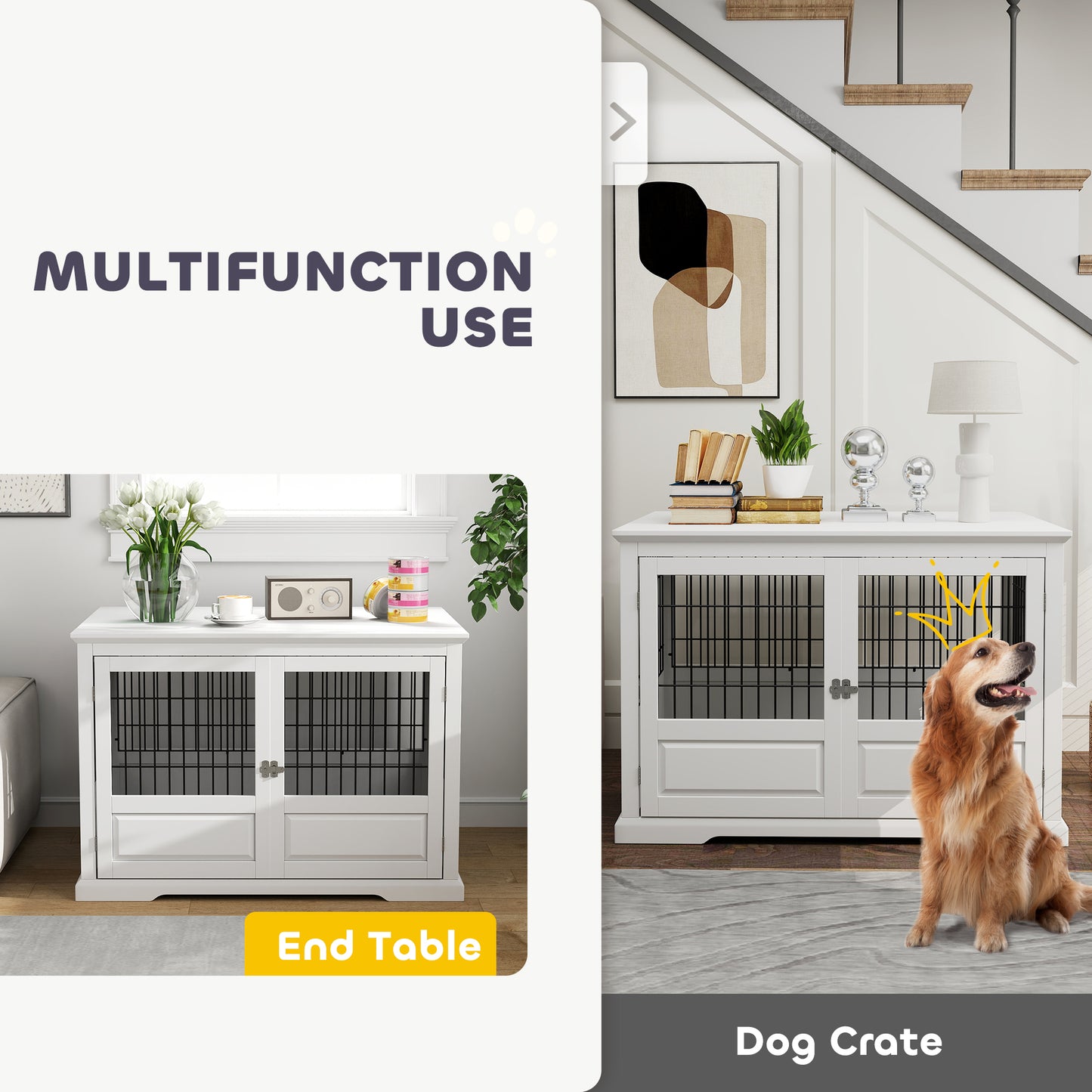 PawHut 43" Dog Crate Furniture with 3 Doors, Removable Tray, for Extra Large Medium Small Dogs, Indoor Use, White