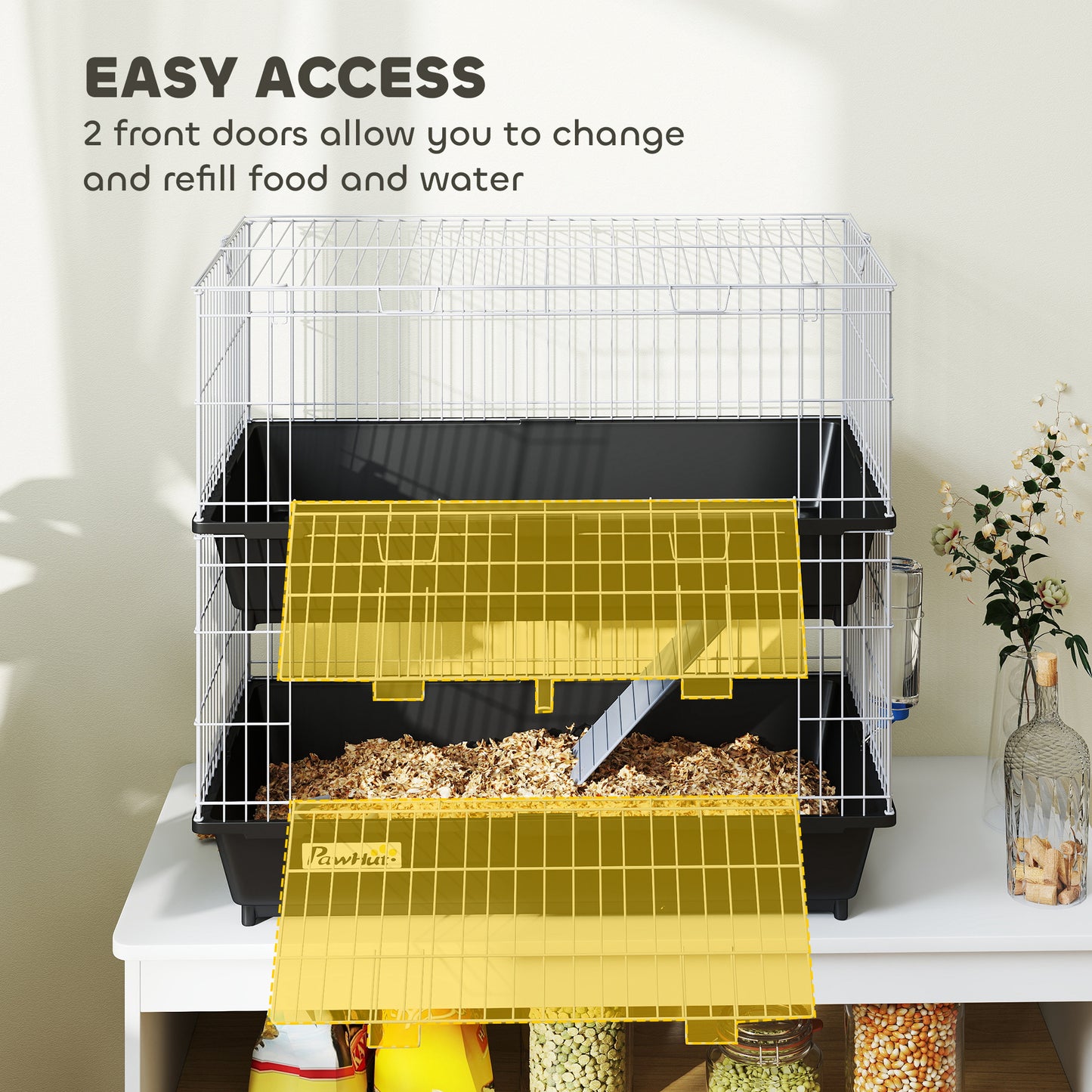 PawHut 2-Tier Small Animal Cage with 2 Doors, Trays, Dish, Bottle, and Ramp for Bunny, Ferret, Chinchilla, Black