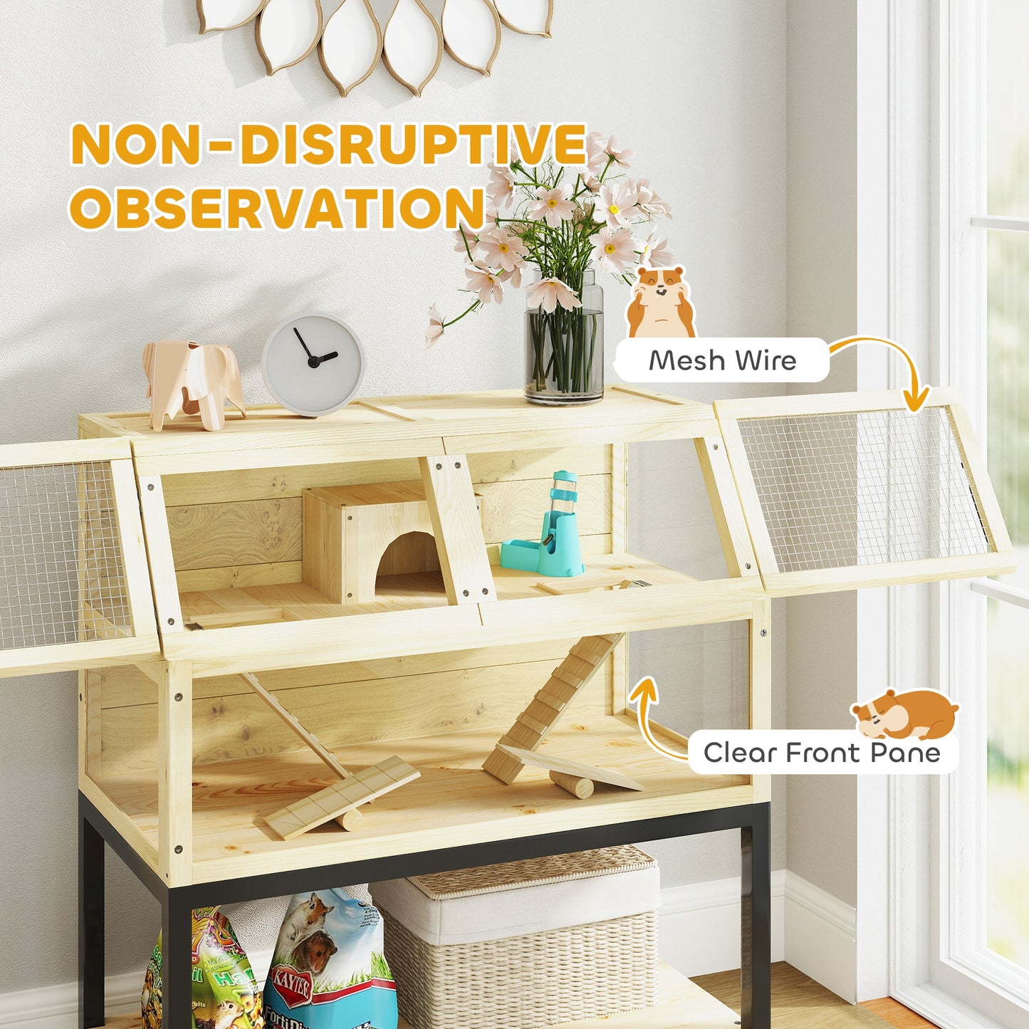 PawHut Hamster Cage on Wheels w/ Storage Shelf, Seesaws, Water Bottle, Hut & Ramps, for Dwarf, Gerbil, Syrian Hamster, Mouse
