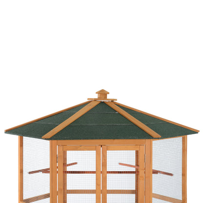 PawHut 69" Wooden Hexagonal Outdoor Aviary Flight Bird Cage With Covered Roof, Brown