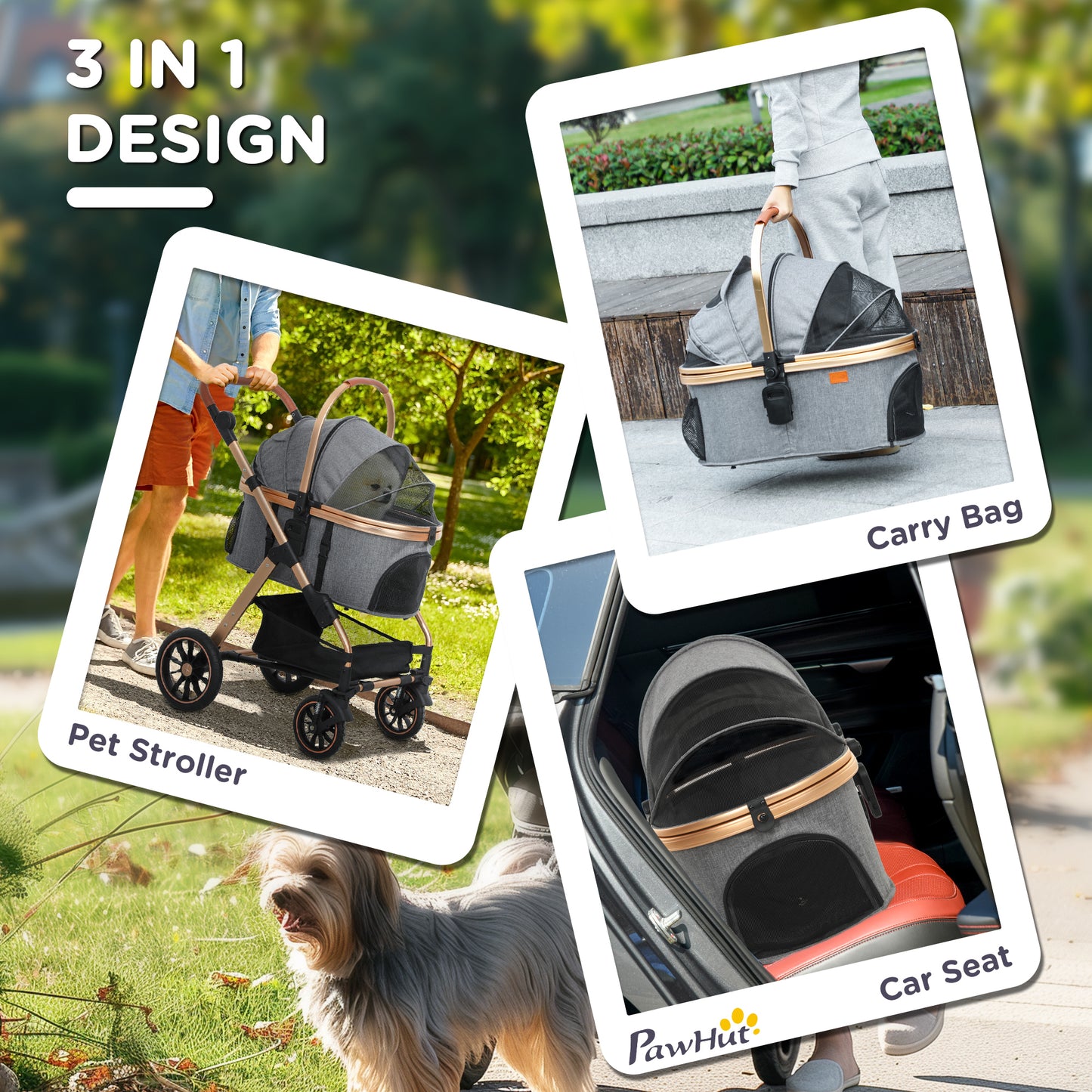 PawHut 3 in 1 Dog Stroller with Detachable Cabin, 4 Wheel Folding Lightweight Pet Stroller for Small Dogs, Gray