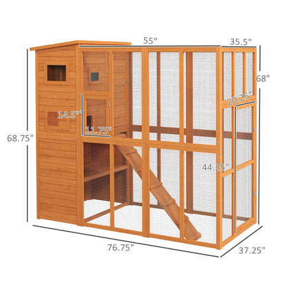 PawHut Wooden Outdoor Catio with Platforms, Asphalt Roof, Ramps, Natural
