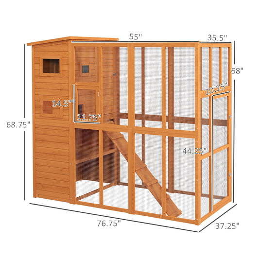 PawHut Wooden Outdoor Catio with Platforms, Asphalt Roof, Ramps, Natural