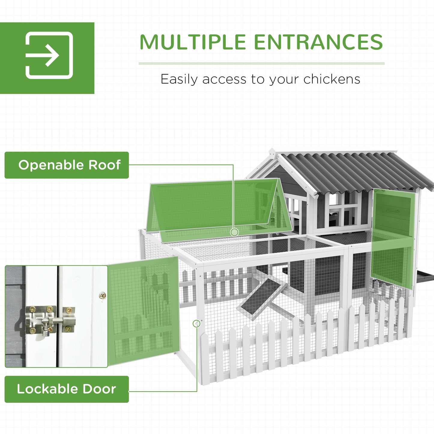 PawHut Wooden Chicken Coop with Run for 3-4 Chickens, 68" x 59" x 42"