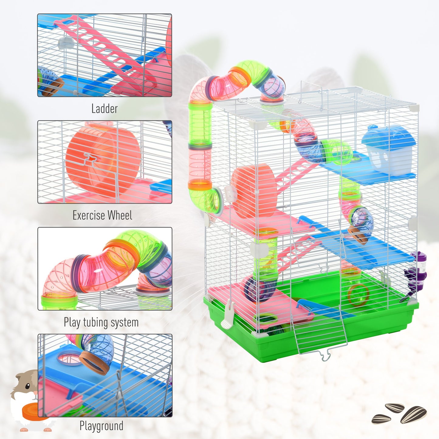 PawHut 5 Tiers Hamster Cage Portable Animal Travel Carrier w/ Exercise Wheels Tube