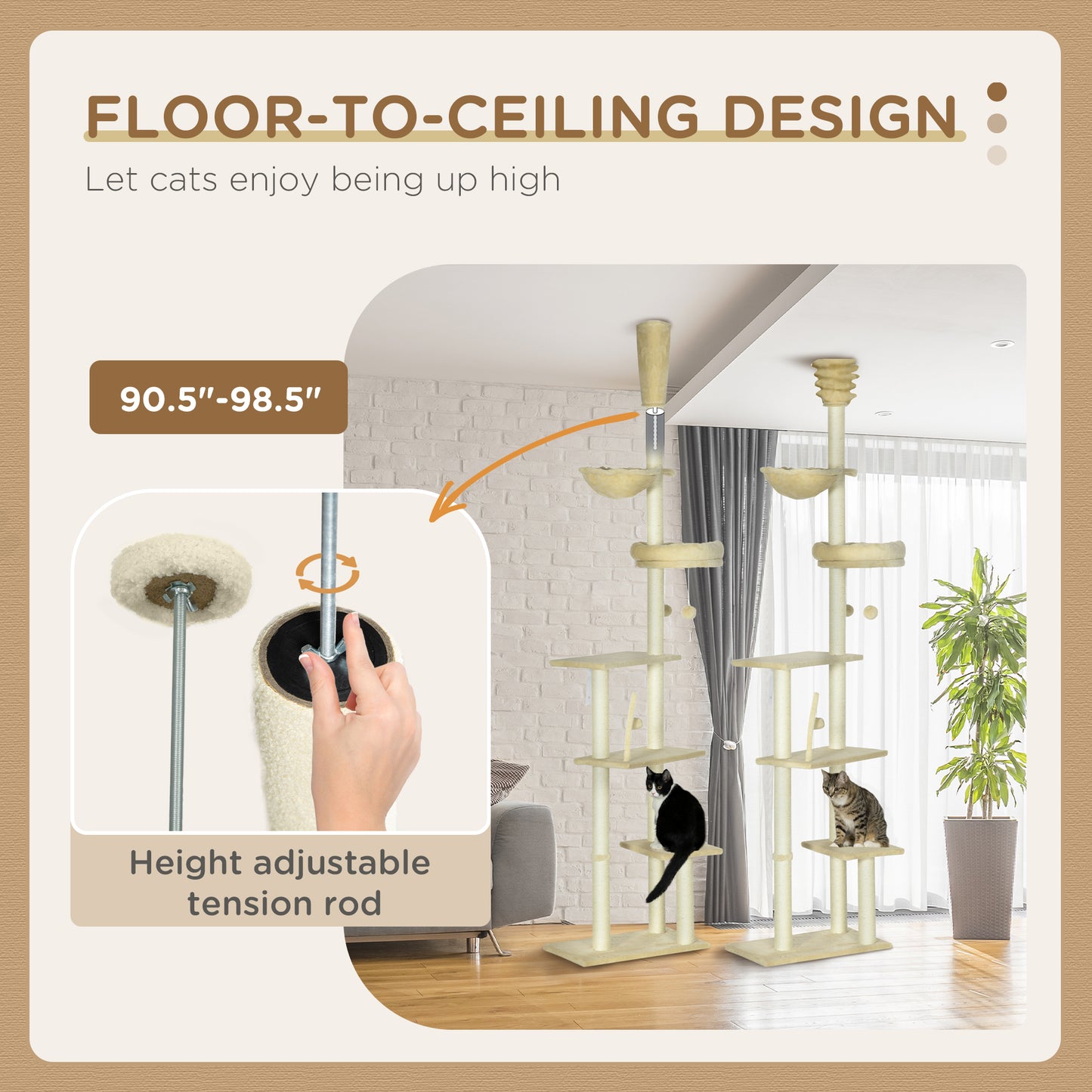 PawHut Floor to Ceiling Cat Tree, Cat Climbing Tower with Platforms, Bed, Hammock, Scratching Posts, Toy Balls, Beige