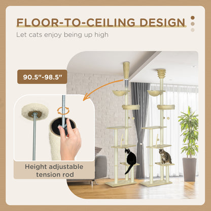 PawHut Floor to Ceiling Cat Tree, Cat Climbing Tower with Platforms, Bed, Hammock, Scratching Posts, Toy Balls, Beige