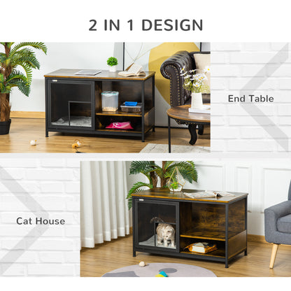 PawHut Wooden Cat Crate, Furniture Style Dog Cage, Puppy Kennel Indoor, End Table Pet House with Cushion and Sliding Doors, Rustic Brown