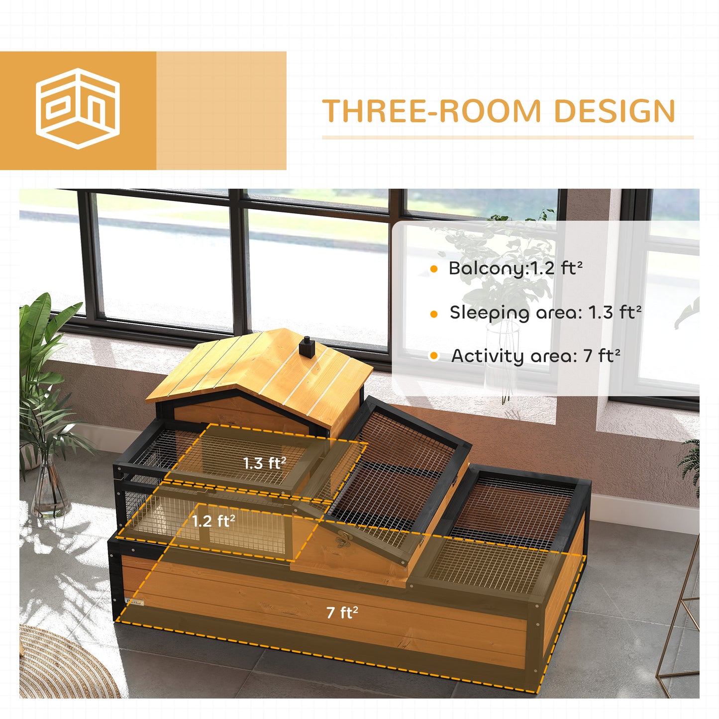 PawHut 3-Room Tortoise Habitat House w/ Balcony & 2 Stories, 44" x 25.5" x 25", Yellow