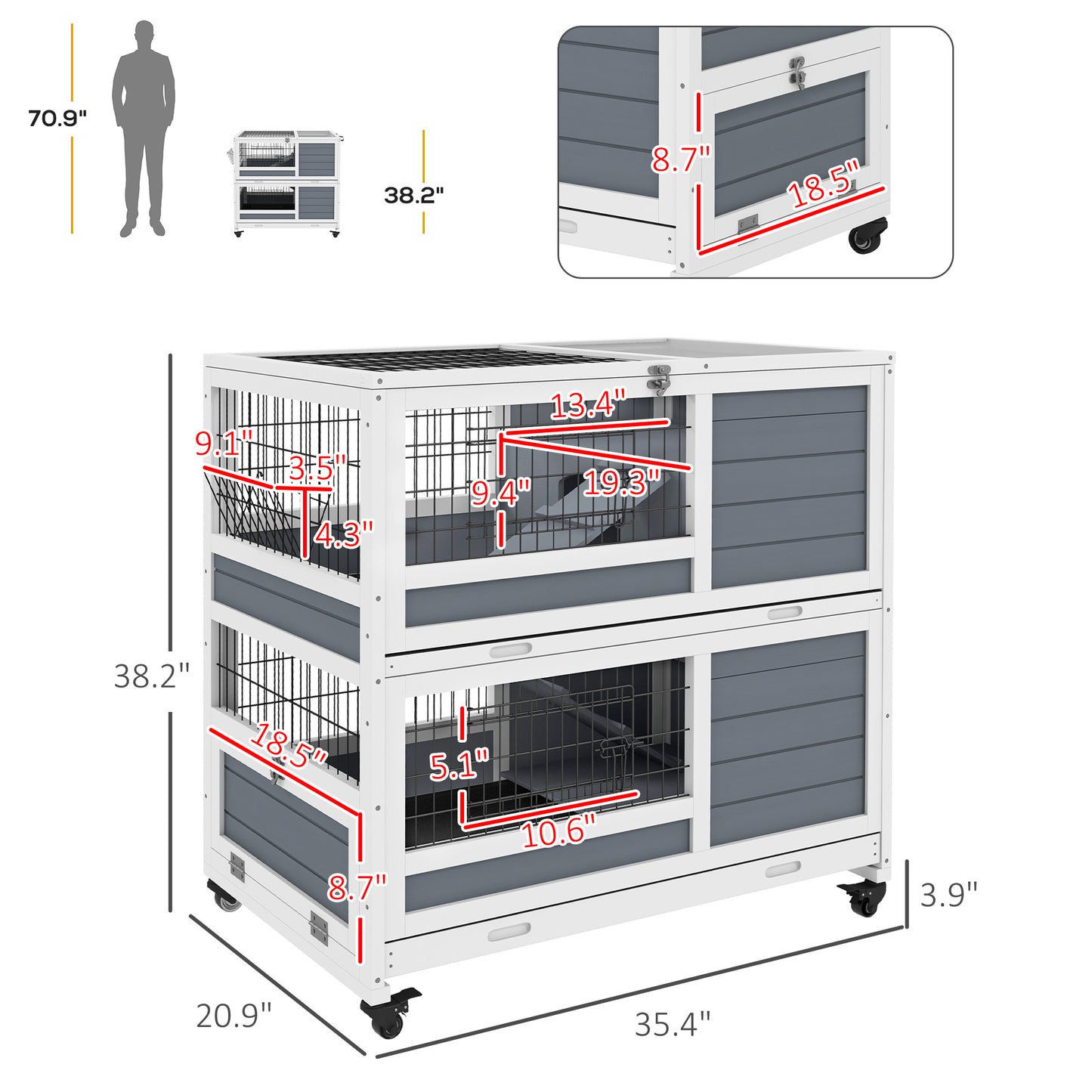 PawHut Gray 2-Story Rabbit Hutch—Wheeled, Feeder Included