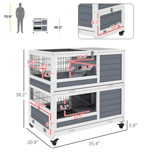 PawHut Gray 2-Story Rabbit Hutch—Wheeled, Feeder Included