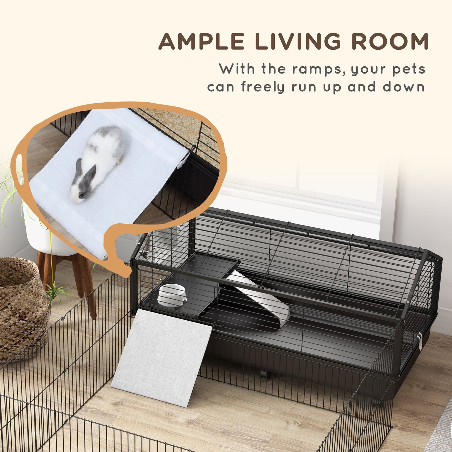 PawHut Small Animal Playpen Cage with Rolling Caster, Water Bottle 46.5"