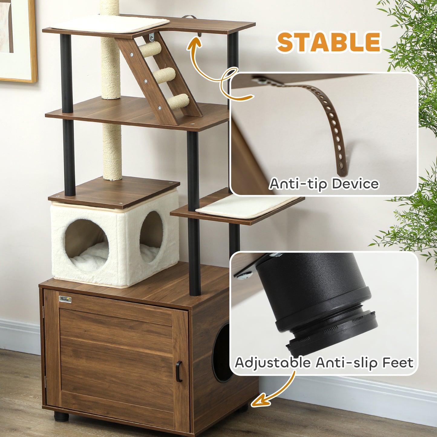 PawHut 68.5" Cat Tree with Litter Box Enclosure, 2 in 1 Cat Tower Hidden Litter Box Furniture with Scratching Posts, Brown