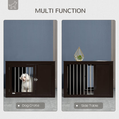 PawHut Dog Crate Furniture Wire Pet Cage Wooden Dog Kennel, End Table with Double Doors, and Locks, for Medium and Large Dog House Indoor Use, Coffee