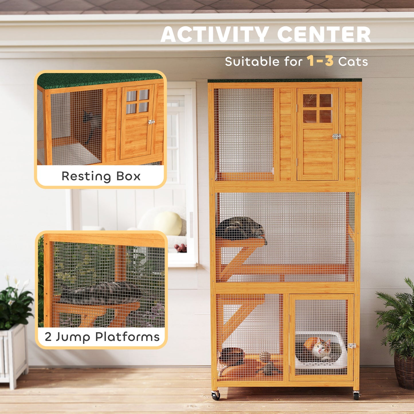 PawHut 74" Wooden Outdoor Cat House Catio Outdoor Cat Enclosure, Orange
