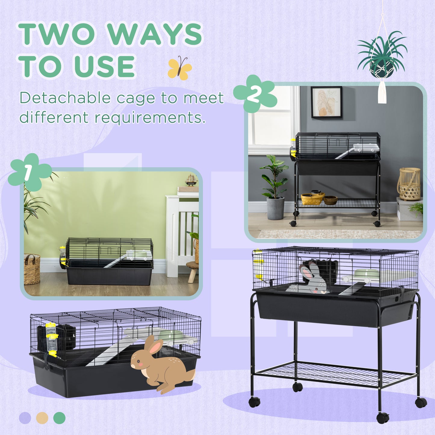 PawHut Two-Story Small Animal Cage Removable from Stand, Pet Habitat with Shelf & Wheels, 33" x 18.5" x 35", Charcoal Gray