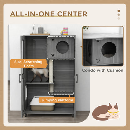 PawHut Cat Tree House with Scratching Post and Wheels, Gray
