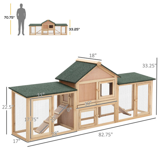 PawHut Rabbit Cage Outdoor, Rabbit House 83" 2 Story Deluxe XL Wooden Rabbit Hutch Big Bunny Cage w/ Ladder and Run