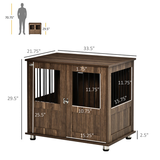 PawHut Dog Crate Furniture, Wooden End Table Furniture with Lockable Magnetic Doors, Small & Medium Size Pet Kennel Indoor Animal Cage, Brown