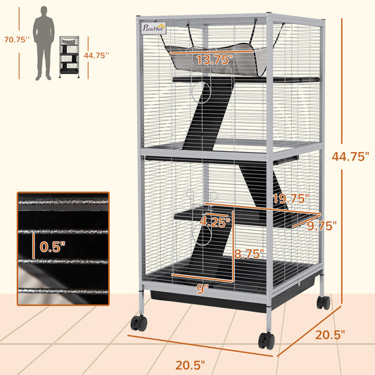 PawHut 45" H Rolling Small Animal Cage with Hammock, Ferret Cage, Chinchilla Cage, Pet Habitat with 6 Doors, Removable Tray
