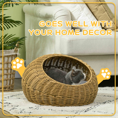 PawHut Rattan Cat Bed with Washable Cushion for Cats, Puppies, Light Brown