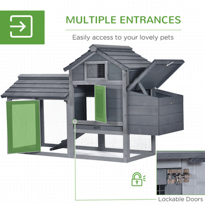 PawHut 59" Small Wooden Chicken coop Hen House Poultry Cage for Outdoor Backyard with 2 Doors, Nesting Box and Removable Tray, Gray