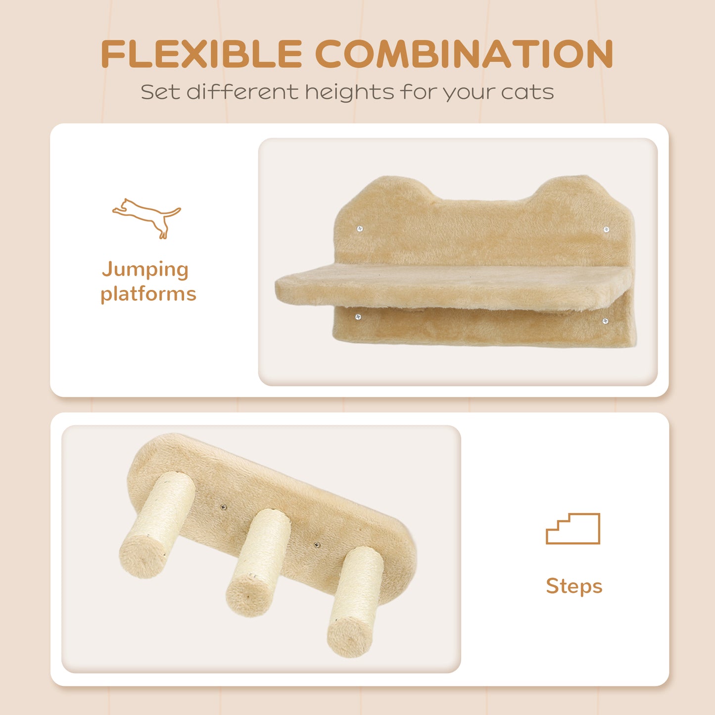 PawHut 3pc Cat Wall Shelves w/ Scratching Post, Perches, Ladder, Steps & Scratching Board, Beige