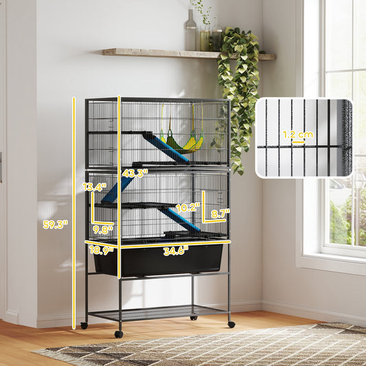 PawHut 59" 5 Level Rolling Small Animal Cage w/Deep Tray & Hammock, Dk Gray
