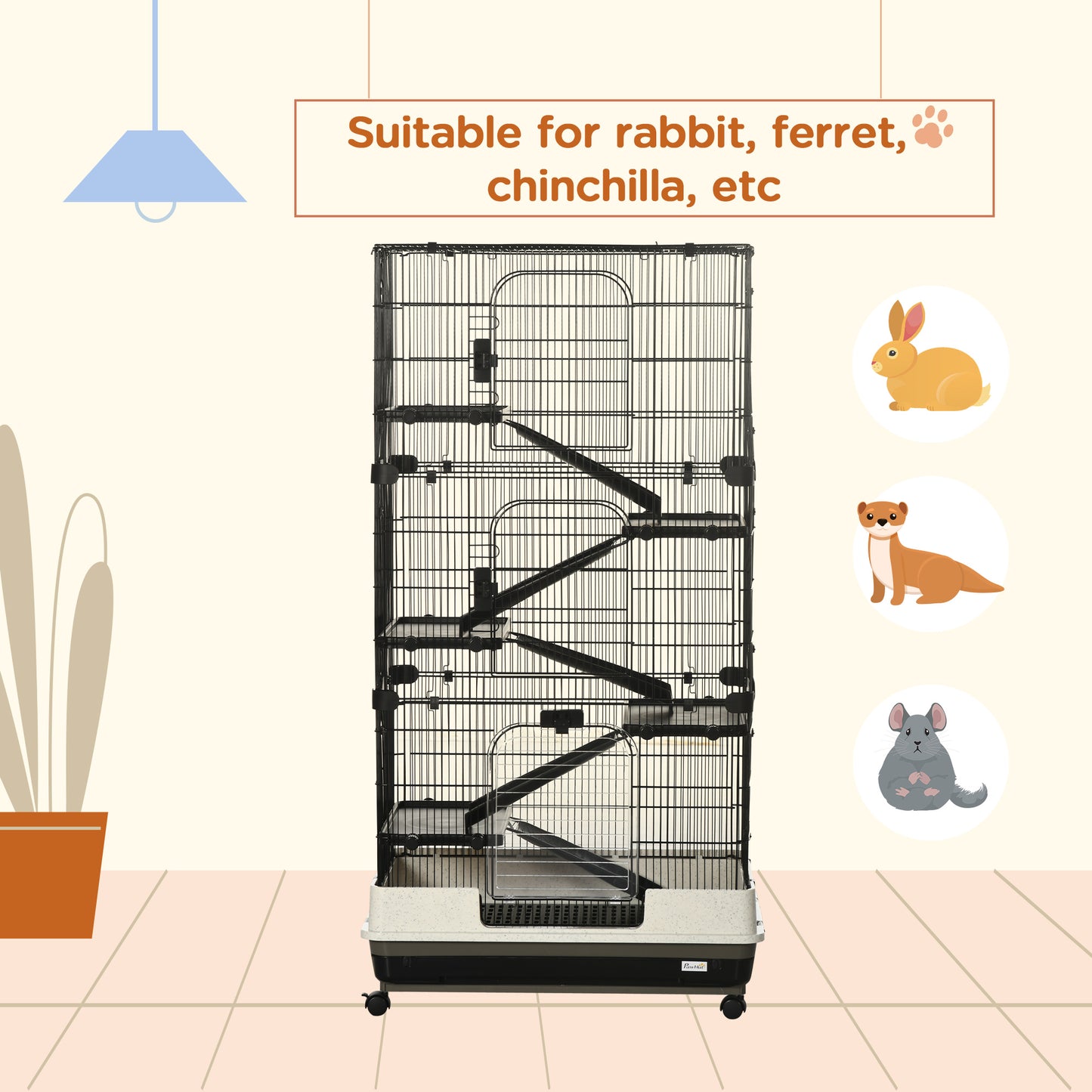 PawHut 6-tier Platform Rolling Small Animal Rabbit Cage with a Large Living Space, Black