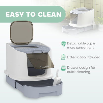 PawHut Covered Cat Litter Box with Lid, Drawer, Scoop, Top Entry, Deodorizing Bags, Odor Control, Easy to Clean, Gray