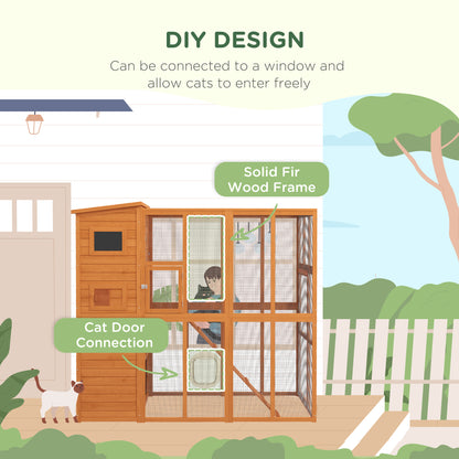 PawHut Wooden Outdoor Catio with Platforms, Asphalt Roof, Ramps, Natural