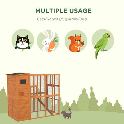 PawHut Wooden Outdoor Catio with Platforms, Asphalt Roof, Ramps, Natural