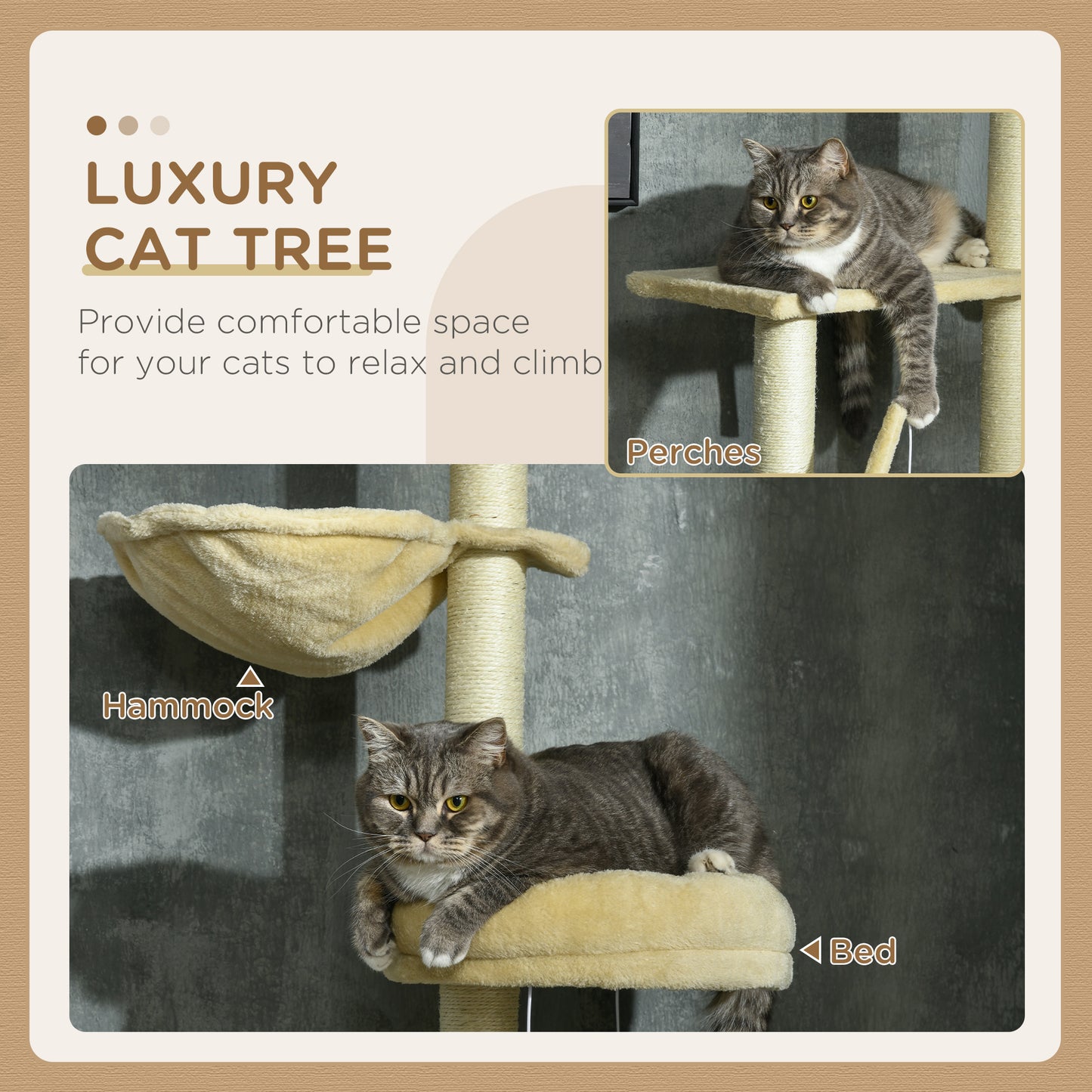 PawHut Floor to Ceiling Cat Tree, Cat Climbing Tower with Platforms, Bed, Hammock, Scratching Posts, Toy Balls, Beige