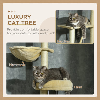 PawHut Floor to Ceiling Cat Tree, Cat Climbing Tower with Platforms, Bed, Hammock, Scratching Posts, Toy Balls, Beige
