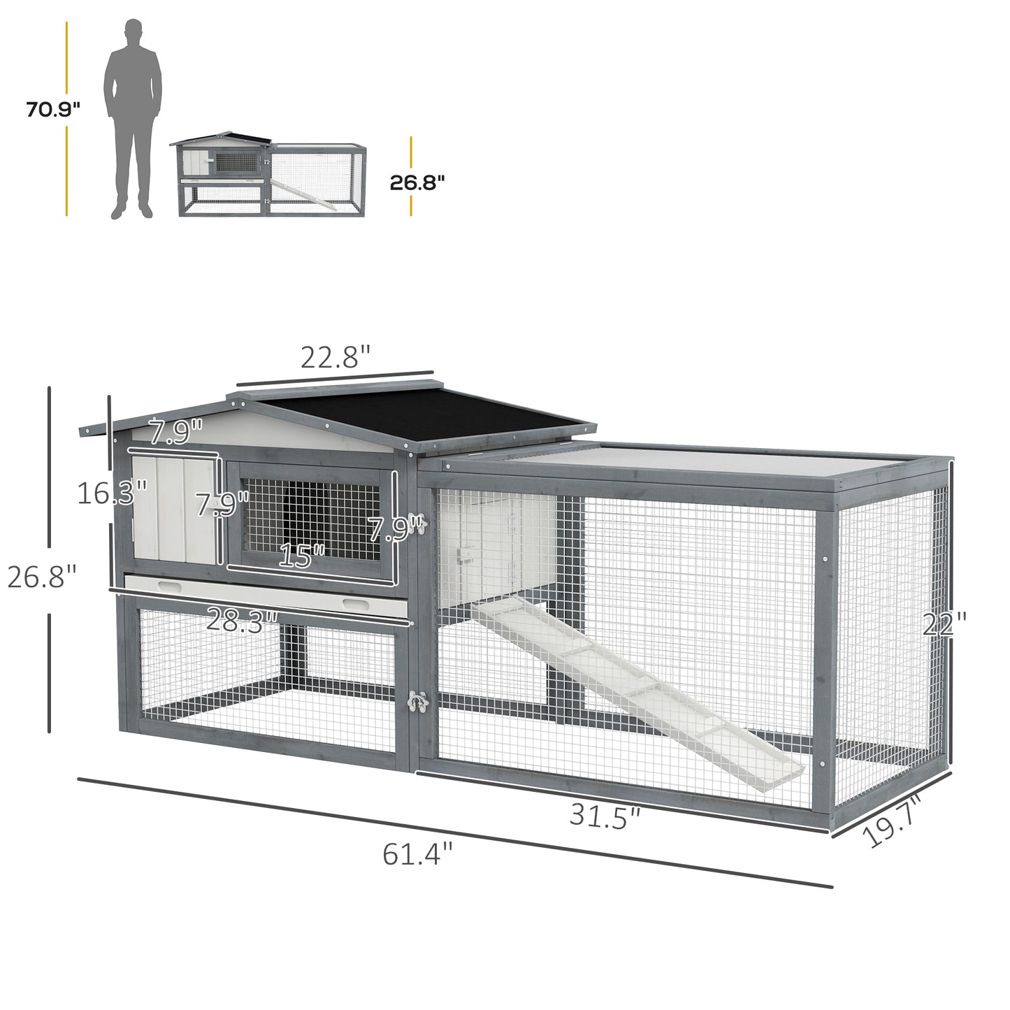 PawHut 61" Wooden Guinea Pig/Rabbit Hutch – Run, Feeding Trough, Removable Tray
