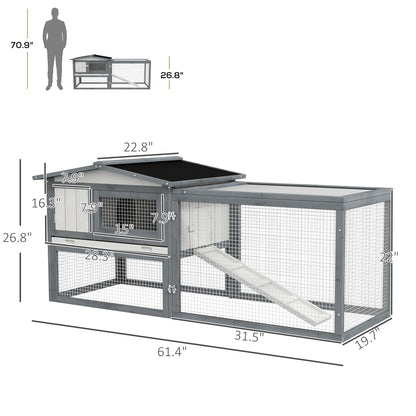 PawHut 61" Wooden Guinea Pig/Rabbit Hutch – Run, Feeding Trough, Removable Tray