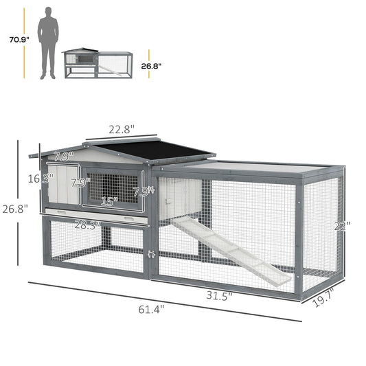 PawHut 61" Wooden Guinea Pig/Rabbit Hutch – Run, Feeding Trough, Removable Tray