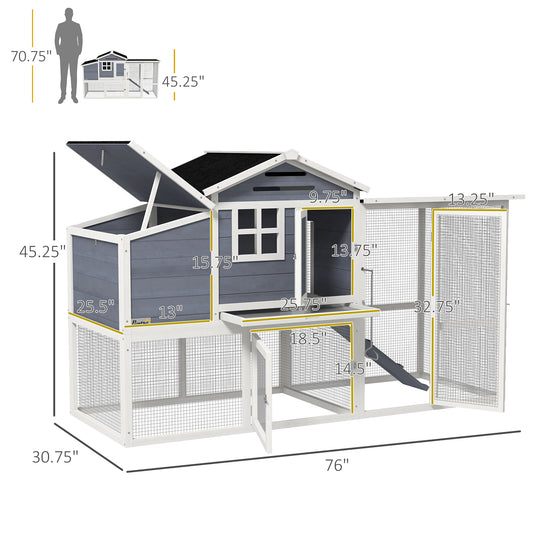 PawHut 76" Wooden Chicken Coop with Outdoor Run, Nesting Box, Tray, Door