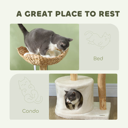 PawHut 37 Inch Modern Cat Tree w/ Wooden Scratching Posts, Condo, Beds, Cushions, Toy Balls & Anti-Tip Kit