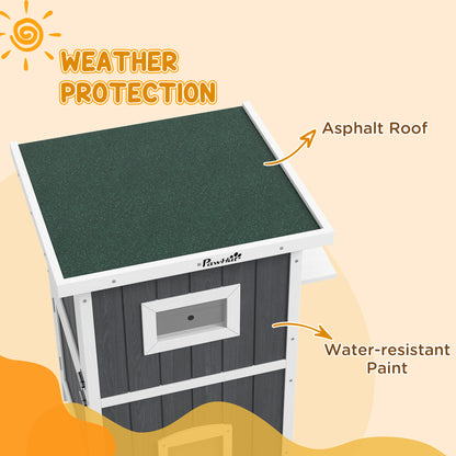 PawHut Outside Cat House Wooden Feral Cat House w/ Weatherproof Roof, Removable Floor, Escape Doors, for 1-2 Cats, Gray