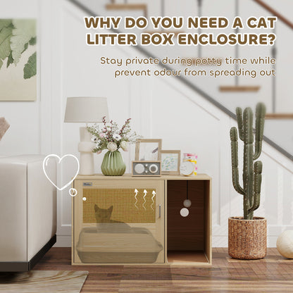 PawHut Boho Style Cat Litter Box Enclosure with Rattan Door, Scratching Mat, Non-slip Foot Pads, 31.5" x 20" x 20"