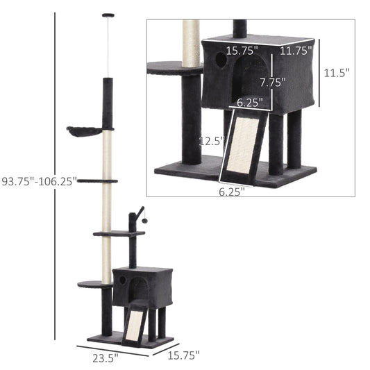 PawHut 106" Huge Cat Tree Floor-to-Ceiling, Cat Climbing Tower, Kitty Activity Center with Scratching Post Board, Hammock, Hanging Ball, Rest Dark Gray