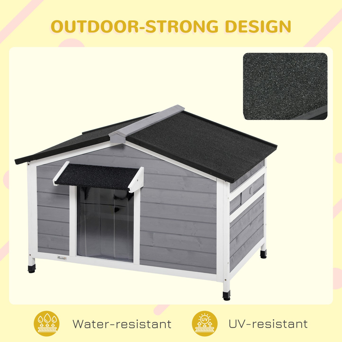 PawHut Wooden Cabin Style Outdoor Dog House with Openable Roof, Removable Bottom, Windows, Curtain, Foot Covers, Gray